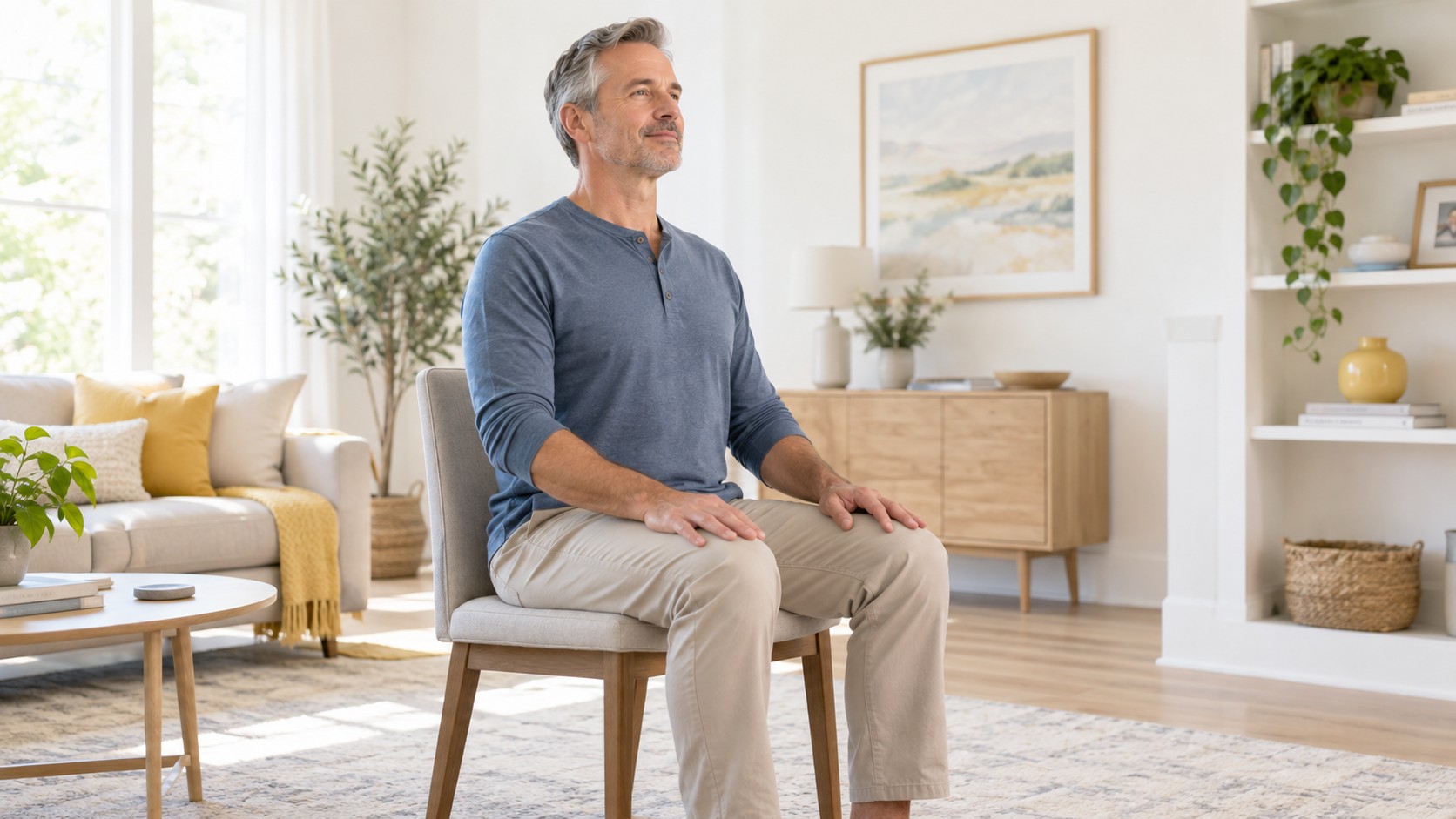 Man following a calm evening exercise routine